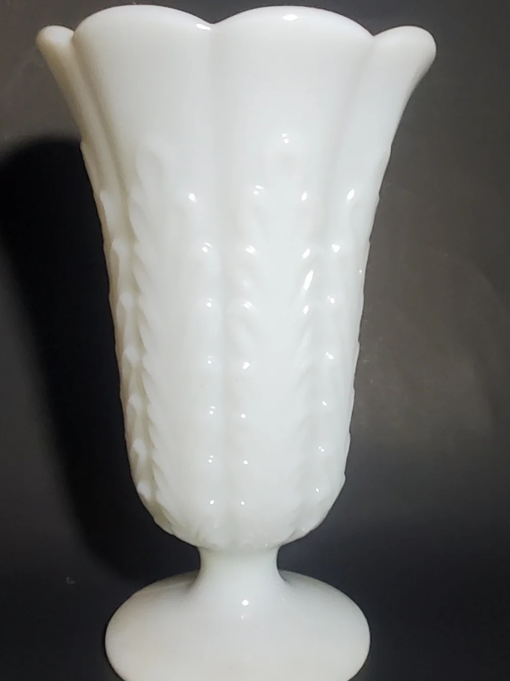 E.O. Brody CO White Milk Glass Scalloped Pedestal Vase Style M5200 Wheat Pattern